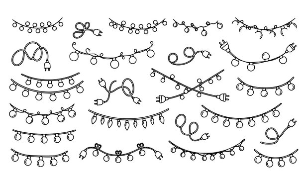 Black and white christmas string lights collection hand drawn style