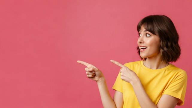 Smiling Young Woman in Yellow T-shirt Pointing Left on Pink Background