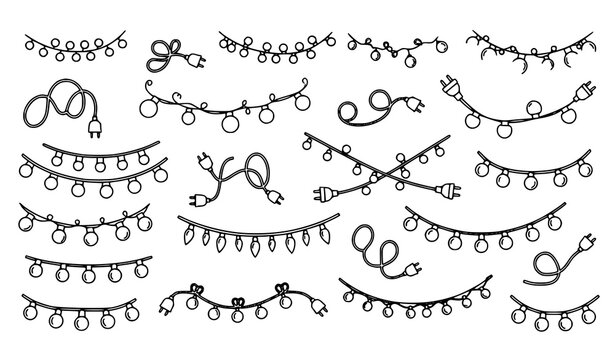 Black and white sketch of christmas string lights and electrical cords