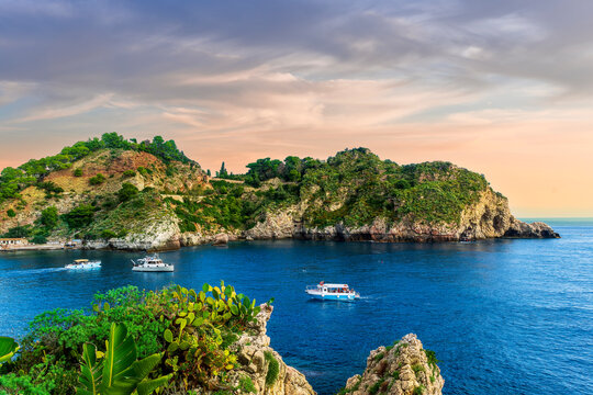 beautiful seascape of resort landscape on amazing sea coast with white baots green coasts and brisht sunset or sunrise cloudy sky of the colorful vacation summer landscape
