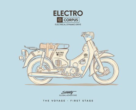 Electro corpus electrical dynamo drive. Retro moped print design for t shirt. Vintage electric scooter technical line drawing. Minimalist automotive poster vector illustration.