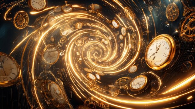 Hundreds of vintage and modern watches spiraling into a glowing time vortex, fiery golden light trails, floating clock gears, dramatic dark