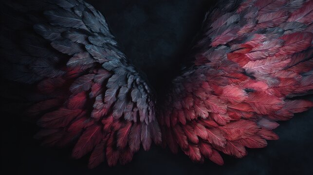 Angel wings with dark and red feather texture isolated on black background. Majestic bird wing conceptual art for fantasy style design project. Surreal mystical creature symbolism.