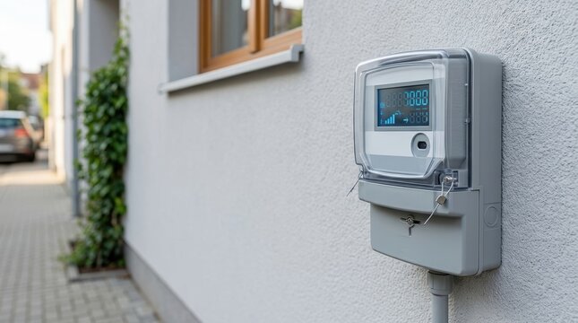 Modern digital smart meter on an exterior wall. Electronic electricity meter for energy monitoring and utility management. Smart home technology concept. Copy space for text