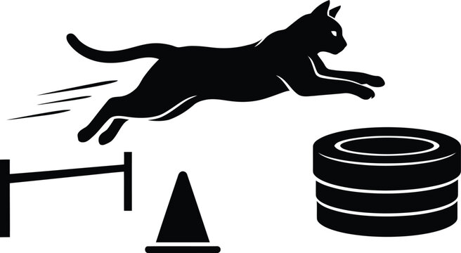Cat silhouette jumping over agility course obstacles and tires with silhouette obstacle training