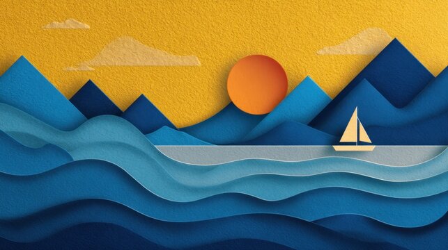 Paper cut landscape with blue mountains, ocean waves and a yellow sun. Sailing boat at sea in a vector style art piece. Creative handicraft design for travel and summer concept.