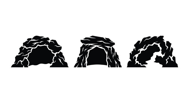 Three rocky cave entrances in black silhouette against a white background silhouette caves rock formation