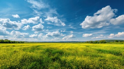 Fototapeta premium Yellow canola field under a bright blue sky with fluffy white clouds. Summer landscape with blooming rapeseed blossoms in the meadow. Nature scenery for outdoor agriculture concept.
