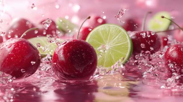 Cherry and lime slice splashing into water. Fresh summer fruit cocktail ingredient close up. Healthy organic food and diet backdrop. Culinary culinary refreshment and liquid explosion.