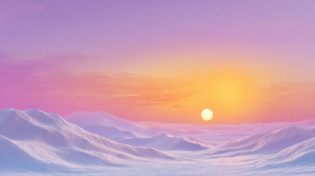 Snowy mountain landscape during a sunset with a pink and orange sky. Scenic nature background for winter travel concept. Calm outdoor winter environment with soft light and snow.