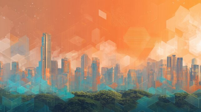 Futuristic city skyline with digital geometric patterns. Urban architectural environment blended with abstract technological graphics. Concept for smart city development and innovation.