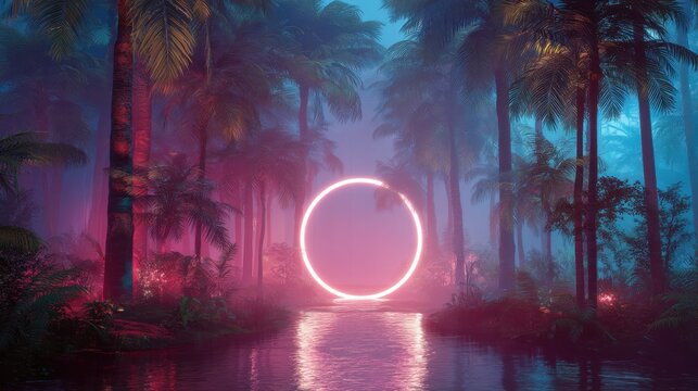 Neon circular portal glowing in a misty tropical palm forest at night. Surreal landscape with reflections on water surface. Abstract fantasy environment and dreamlike nature scenery.