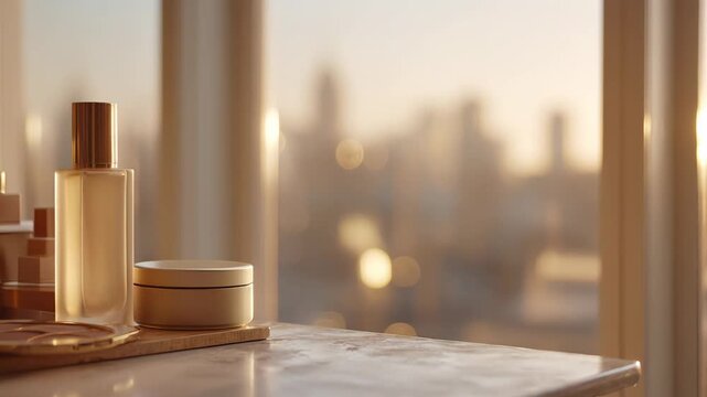 luxury beauty set on marble windowsill, golden glass bottle and cream jar arranged on decorative tray, morning sunlight pouring through tall windows, soft bokeh