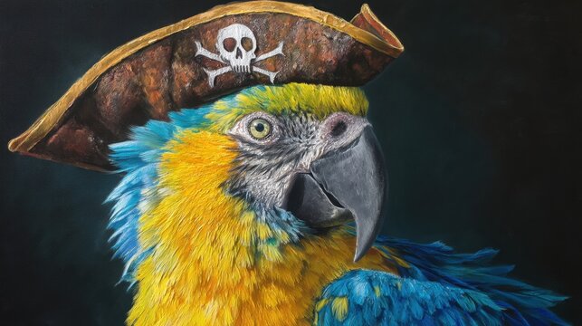 Blue and yellow macaw parrot wearing a pirate hat with skull and crossbones symbol. Oil painting portrait of a bird in costume. Concept of sea adventure, fantasy, and marine fun.