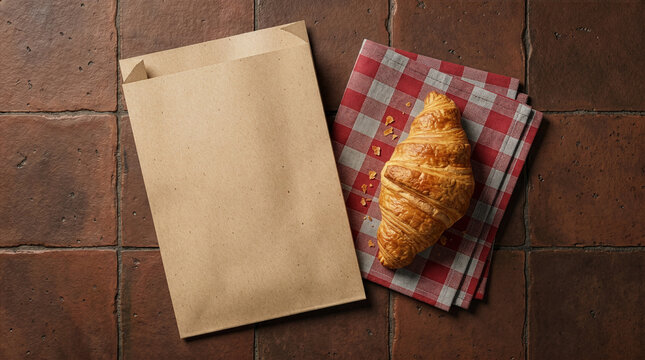 Overhead view of a golden croissant on a red checkered napkin next to a blank brown paper bag on a rustic tiled surface, perfect for food mockup