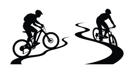 Obraz premium Mountain bikers riding on trails dynamic action silhouettes against a white background bike biking cyclist