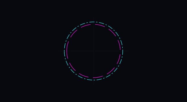 Minimalist hud loading circle animation with neon cyan and purple dashed lines animation