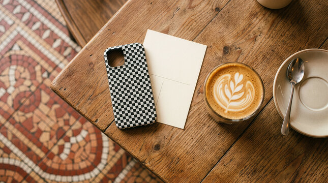 Phone case mockup with latte art coffee and blank card on rustic wooden table with vintage tile floor background