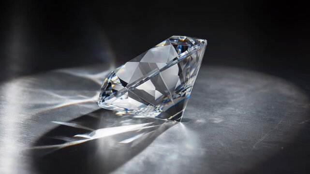 Close-up of a sparkling diamond casting reflections on a metallic surface under bright lighting