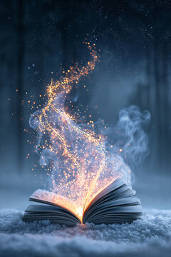 Magic Spell Book Open in Winter Snow with Golden Runes