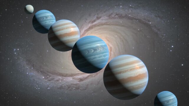 Playback starting diagonal six banded gas giants sliding rightward across spiral core, moon leading