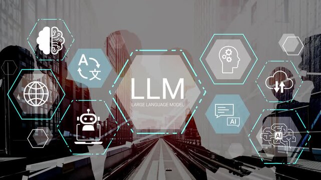 Futuristic Concept of Large Language Model and AI Technology with Digital Elements Representing Machine Learning and Data Processing in Urban Environment Gluon.