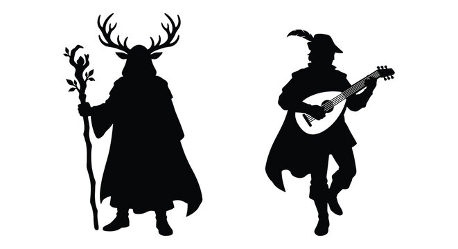 Two figures with antlers and lute depicted as a black silhouette antlered figure player deer