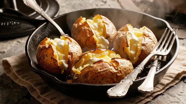 Baked jacket potatoes topped with butter and herbs.