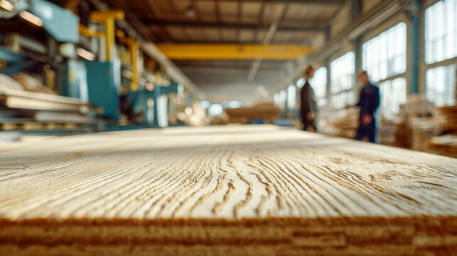 Industrial woodworking facility with focus on textured wooden plank surface and blurred workers collaborating in background under factory lighting