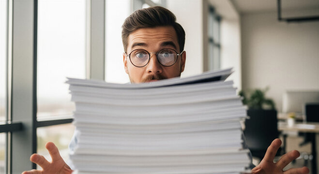 Stressed office worker holding a massive stack of paperwork in a modern office, looking overwhelmed by the heavy workload