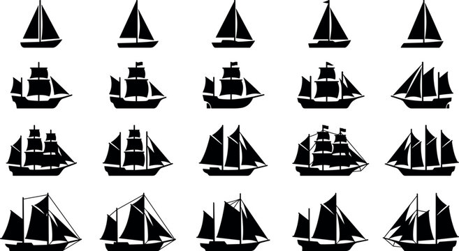 Sailing Ship Silhouette Vector Set Featuring Vintage Tall Ships, Yachts, Sailboats, and Galleon Icons for Nautical and Maritime Theme Designs