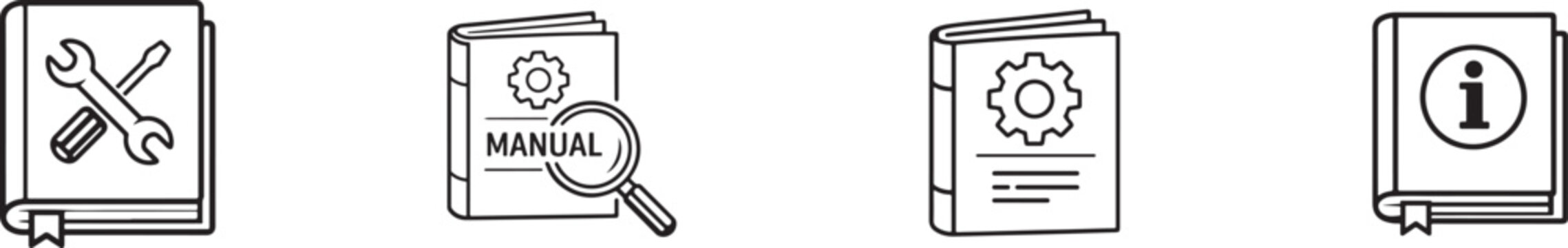User guide book icon set in line style. Manual handbook symbols for web, app, UI, and support.