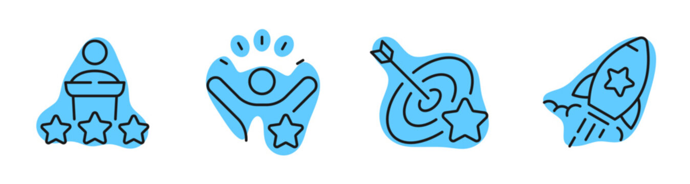 Achievement icons depicting recognition and goal progress on white. Editable stroke