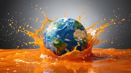 Naklejka premium Earth impact globe submerged in orange liquid splash environmental concept