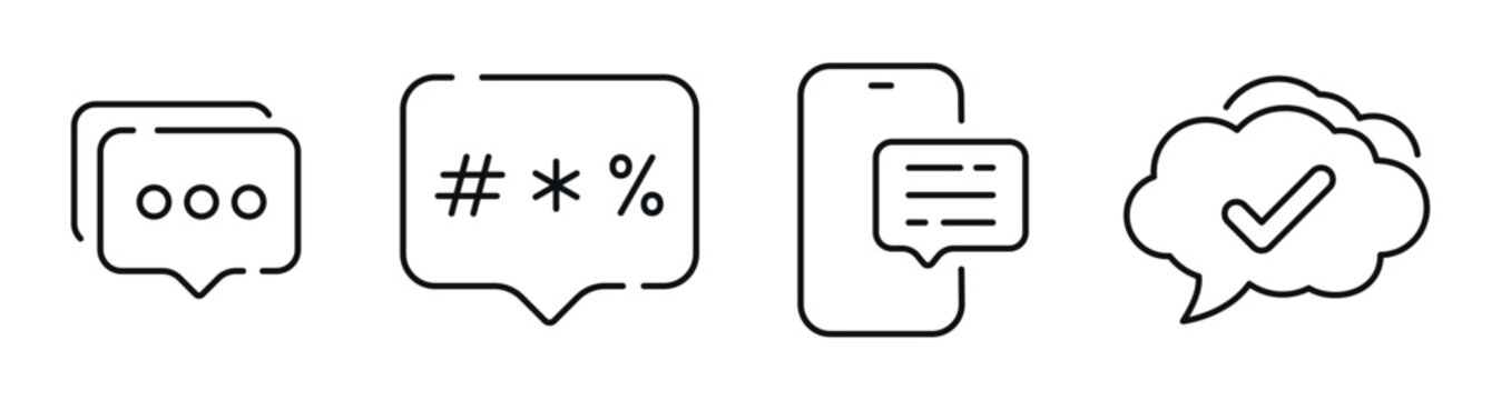 Chat bubble, censored text, mobile message, and approval thought icons. Editable stroke