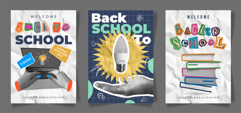 Back to School Halftone Collage laptop light bulb Hands Books Posters. Trendy Study Education Concept with Modern retro Cutout Elements for school College university sticker Vector illustration Banner