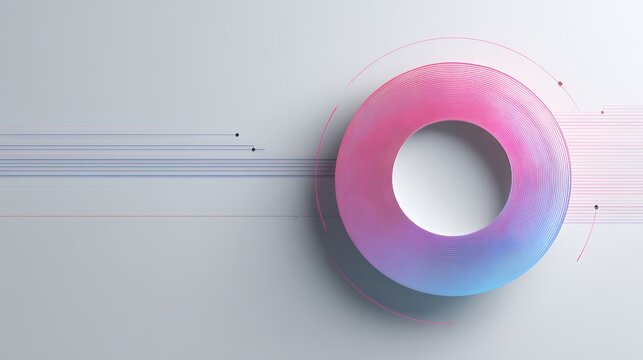 Futuristic abstract graphic design with glowing gradient pink and blue 3d ring and thin intersecting horizontal lines on light grey.