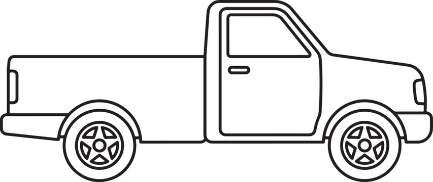 Also transparent background, black and white, line of a, side-view pickup truck, minimalist outline