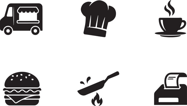 Set of kitchen and food service icons including truck chef hat coffee cup burger frying pan and bill. Vector illustration