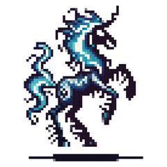 A blue and black creature stands on its hind legs. It has a flowing mane and tail made of blue shapes. The design is simple with pixel art style. The background is plain white © MARI LI