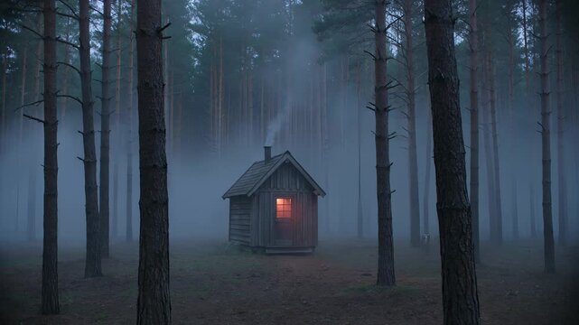 Small wooden cabin in a misty forest at twilight