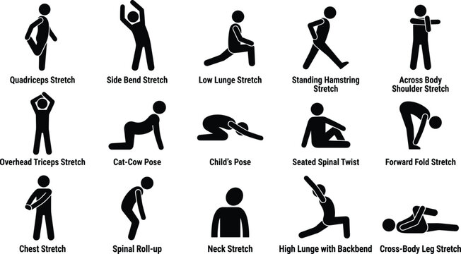 Black and white yoga and stretching poses illustration set