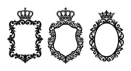 Three ornate crown topped frame silhouettes with floral scrollwork on a white background silhouette tiara © Rakib