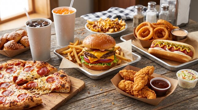 Assorted American fast food meal arranged on a rustic wooden table