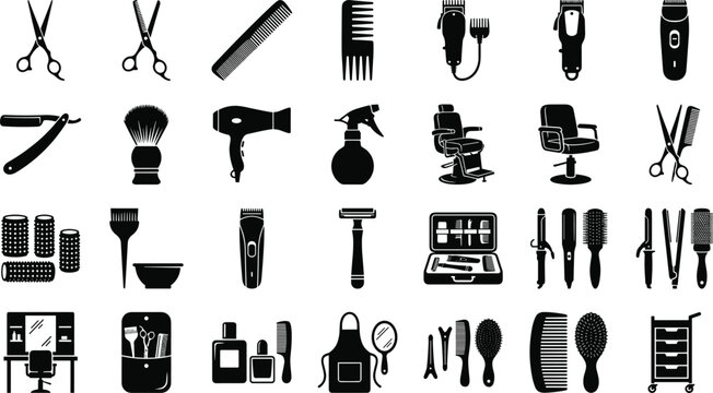 Barbershop and Hair Salon Tools Collection Featuring Haircut Equipment and Grooming Accessories