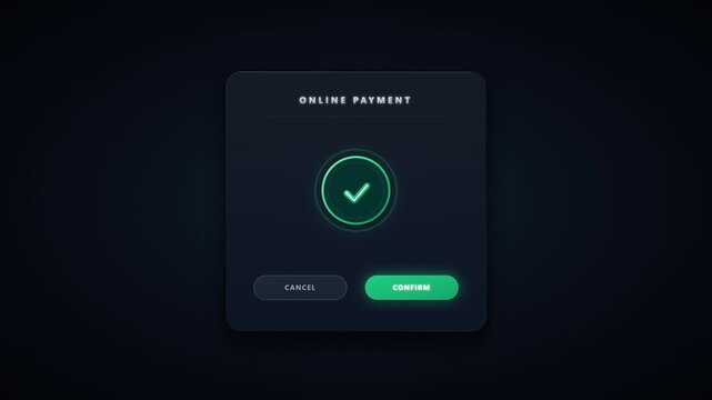 Online payment confirmation ui interface with animated success checkmark and glowing button