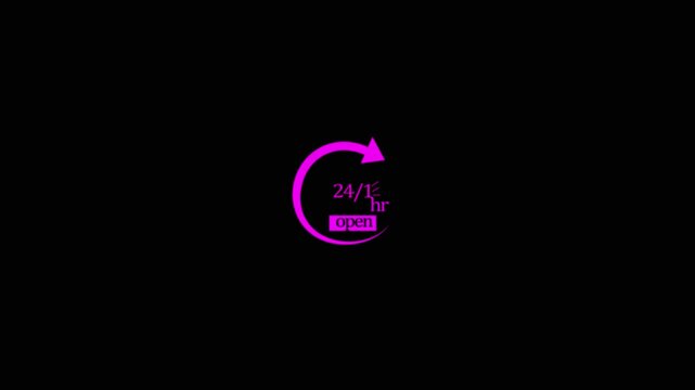 24 hour open neon sign with circular arrow indicator an pink glowing surrounding the text 24 hr open