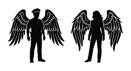 Obraz premium Two figures with feathered wings depicted as a black silhouette angel winged wing human male