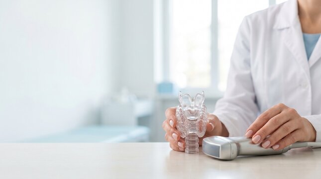 Doctor holding transparent thyroid and trachea model beside ultrasound transducer on clinic desk, endocrinology consultation and thyroid ultrasound diagnosis concept.