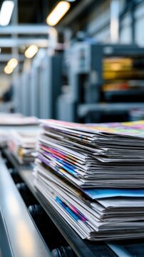 Stacks of freshly printed magazines lined up on a conveyor belt inside a modern printing press facility with industrial equipment in the background
